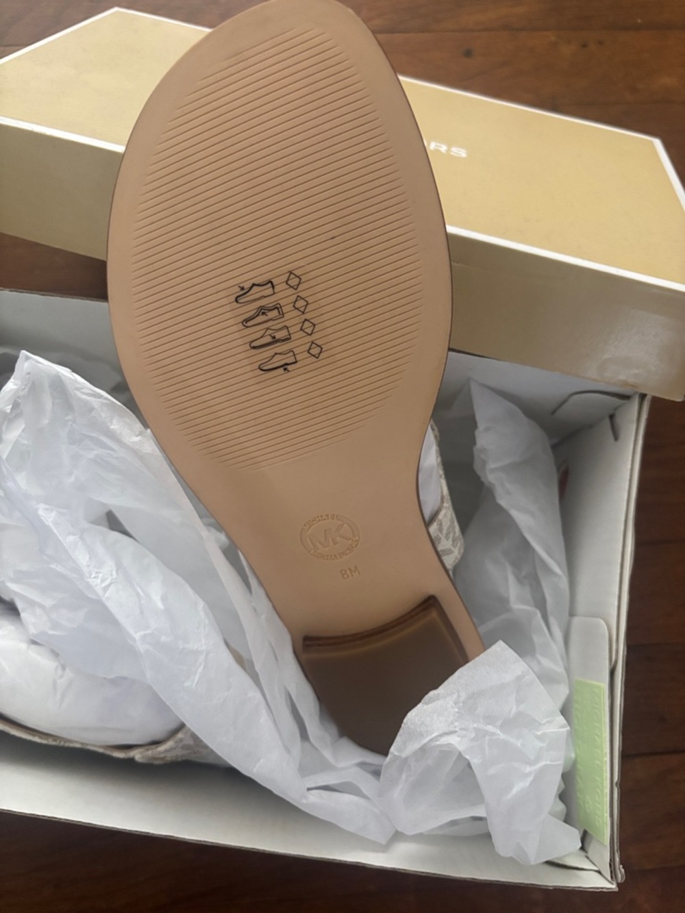 Michael Kors White/Beige MK Monogram Thong Sandals with Gold Accent - Picture 3 of 3